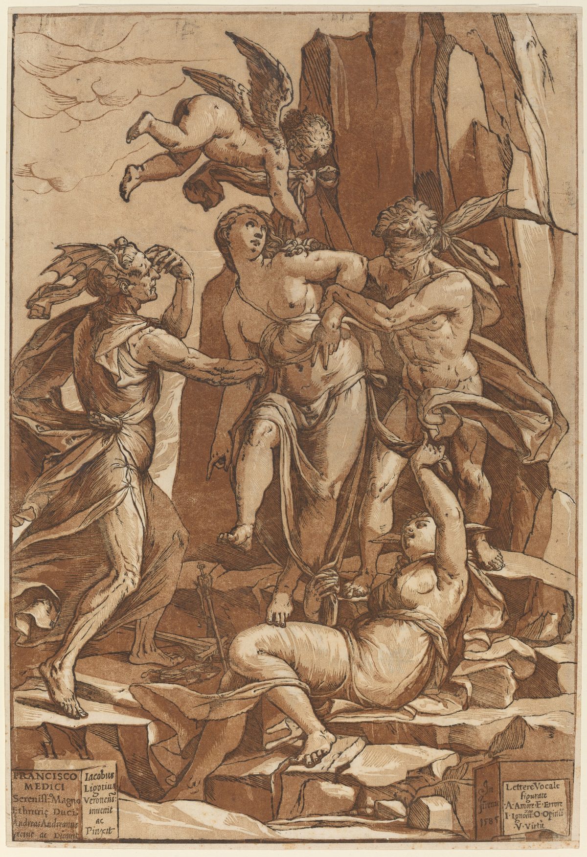 Virute, woman being pulled in all directions, tempted by angels and creatures. Chiaroscuro print in brown.