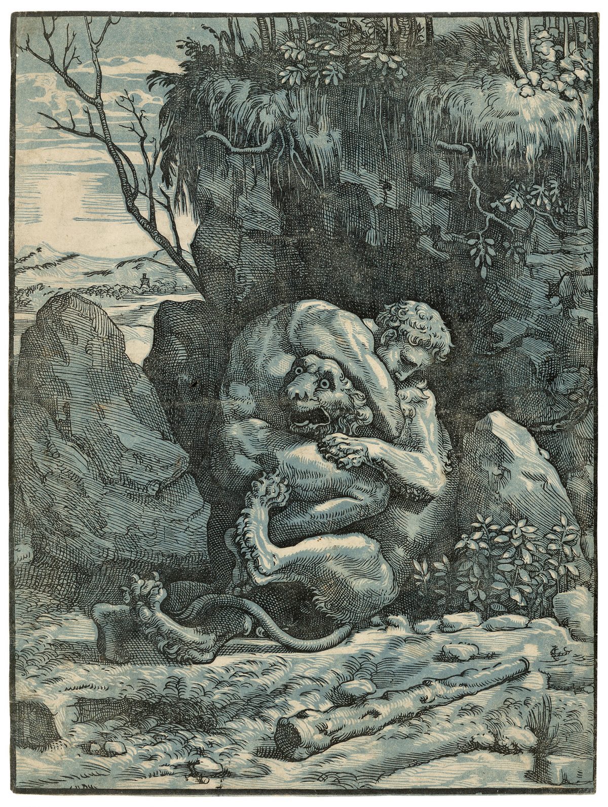 Warrior Hercules wrestles a lion, black and blue chiaroscuro print. Raphael. Ugo da Carpi.