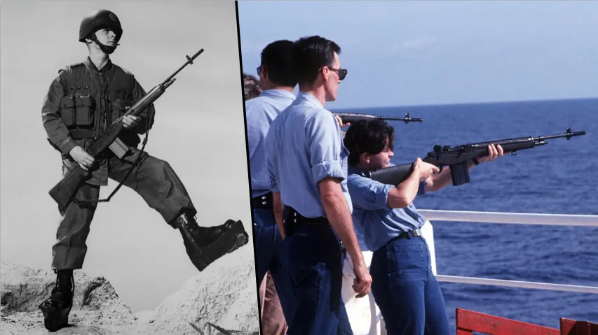 Left: An undated file photo showing a U.S. Marine wearing experimental battle-dress comprising a laminated fiberglass helmet, body armor, and armored boots, and carrying a new M-14 rifle Right: Instructor PH1 Phil Goodrich stands by as Yeoman 3rd Class Aida Cabrera prepares to fire an M-14 rifle during a practice session aboard a U.S. Navy ship. (Keystone/Getty Images; Department of Defense)