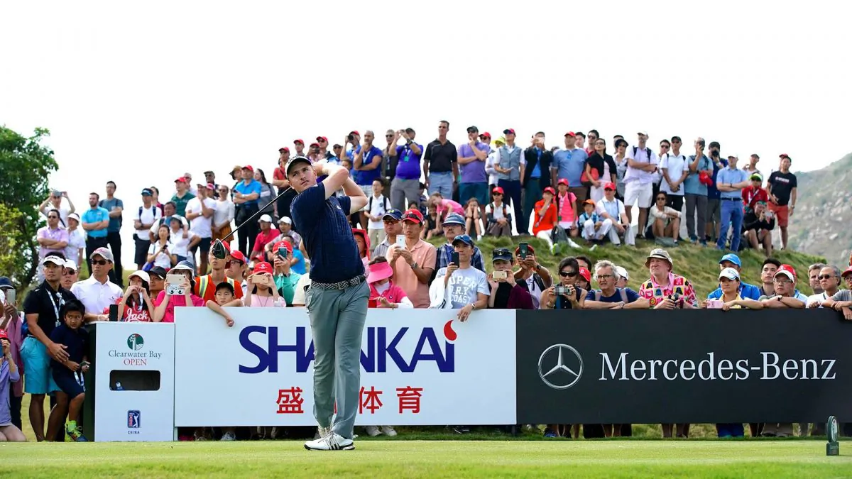 NIck Voke of New Zealand tees off from the 18th on his final round at the Clearwater Bay Golf Club on Sunday Oct 14 five shots clear of the field. Although under pressure to finish ahead of Callum Tarren he birdied the last to secure a lead of 3 shots to take his 3rd series title. (PGA TOUR Series-China / Zhuang Liu)
