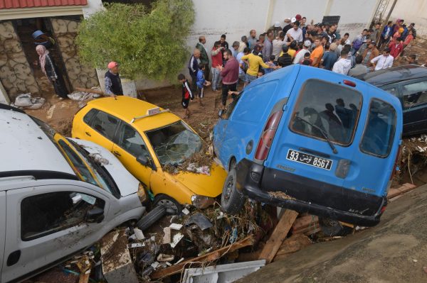 Cars piled up in the street after flood in Tunesia