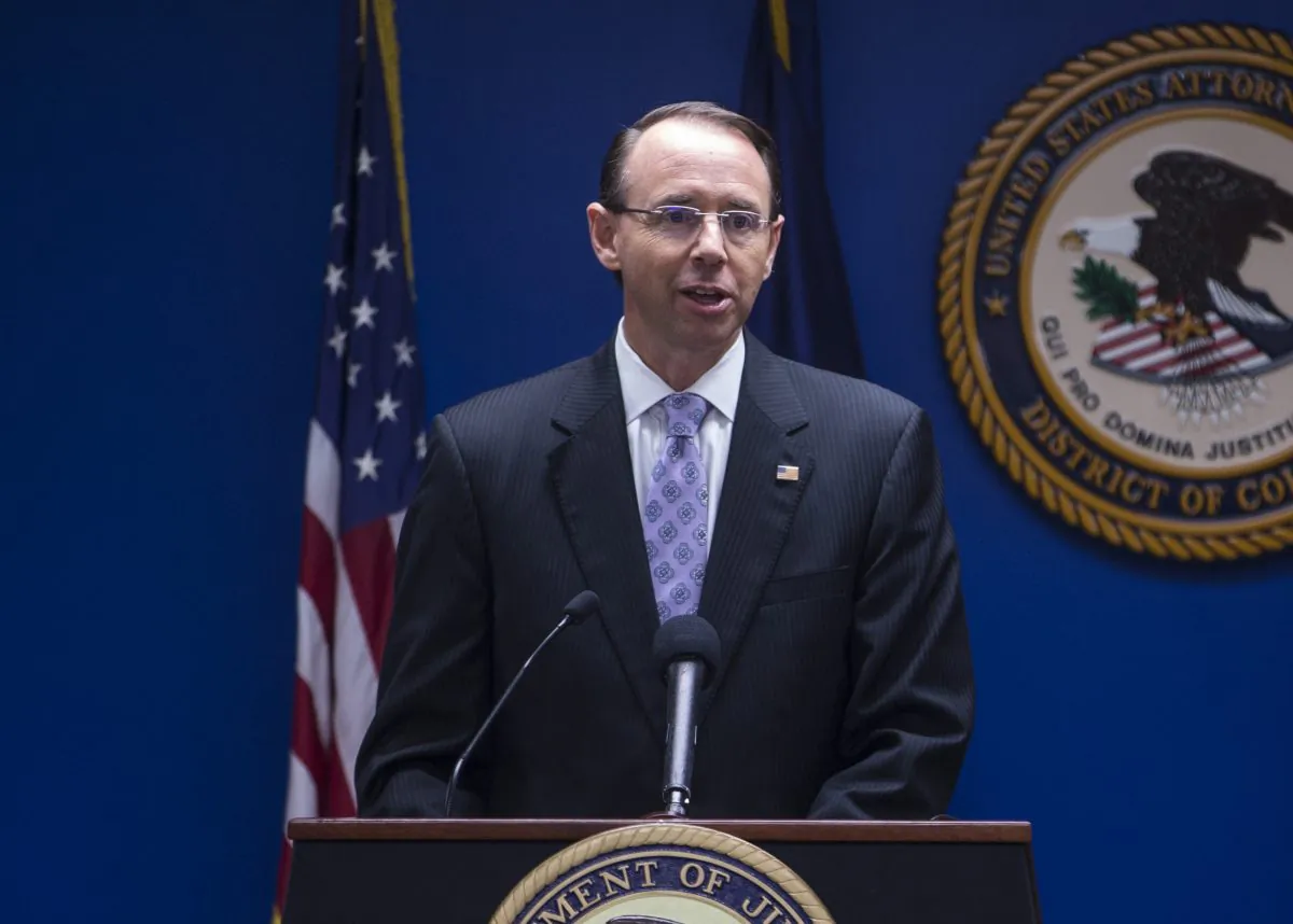 Deputy Attorney General Rod Rosenstein speaks during a news conference on efforts to reduce transnational crime at the U.S. Attorney's Office for the District of Columbia on October 15, 2018 in Washington, DC. Jeff Sessions said he designated five groups, including Hezbollah and MS-13, as transnational criminal organizations to be targeted. (Photo by Zach Gibson/Getty Images)