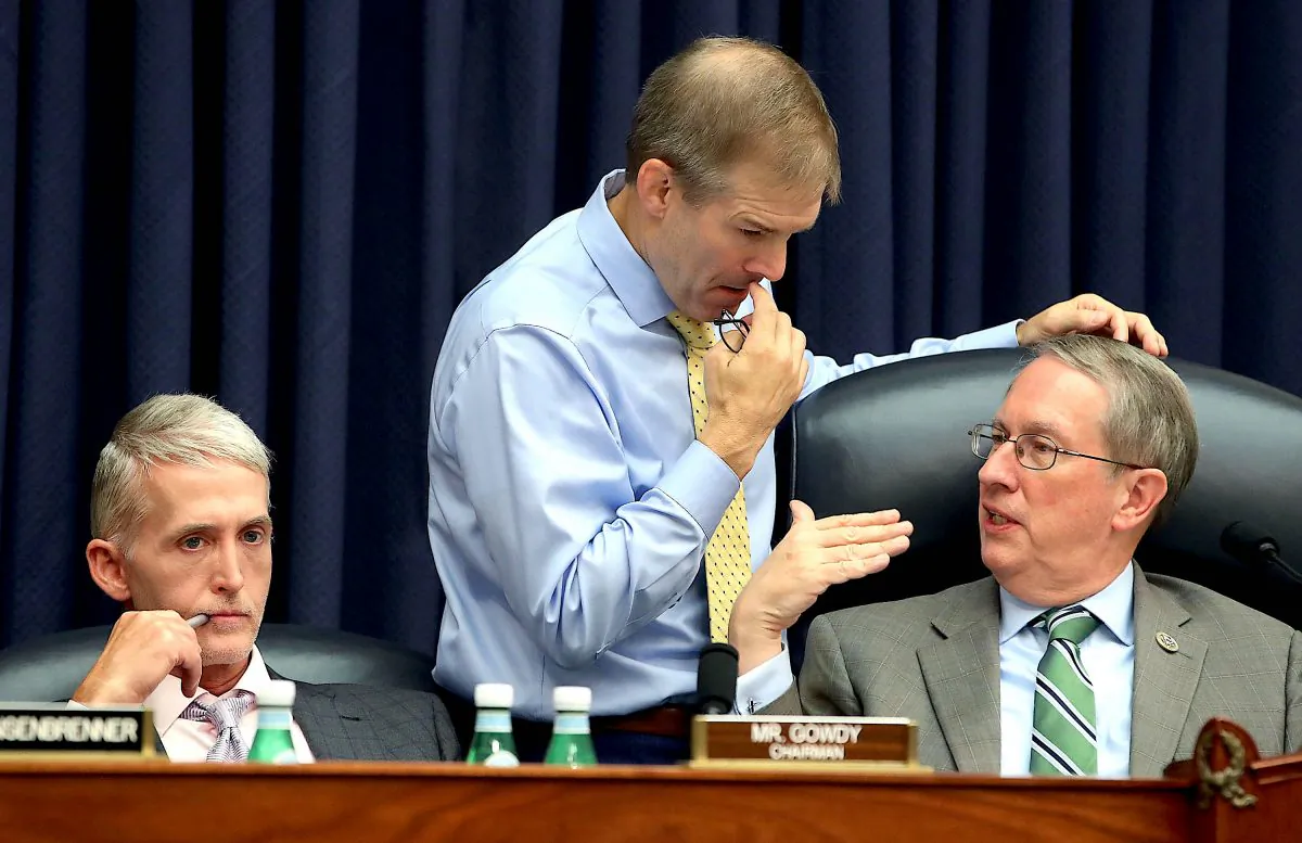 Rep. Bob Goodlatte (R) talks with Rep. Jim Jordan (C), as Rep. Trey Gowdy sits nearby, during a testimony by FBI agent Peter Strzok on July 12, 2018. (Mark Wilson/Getty Images)