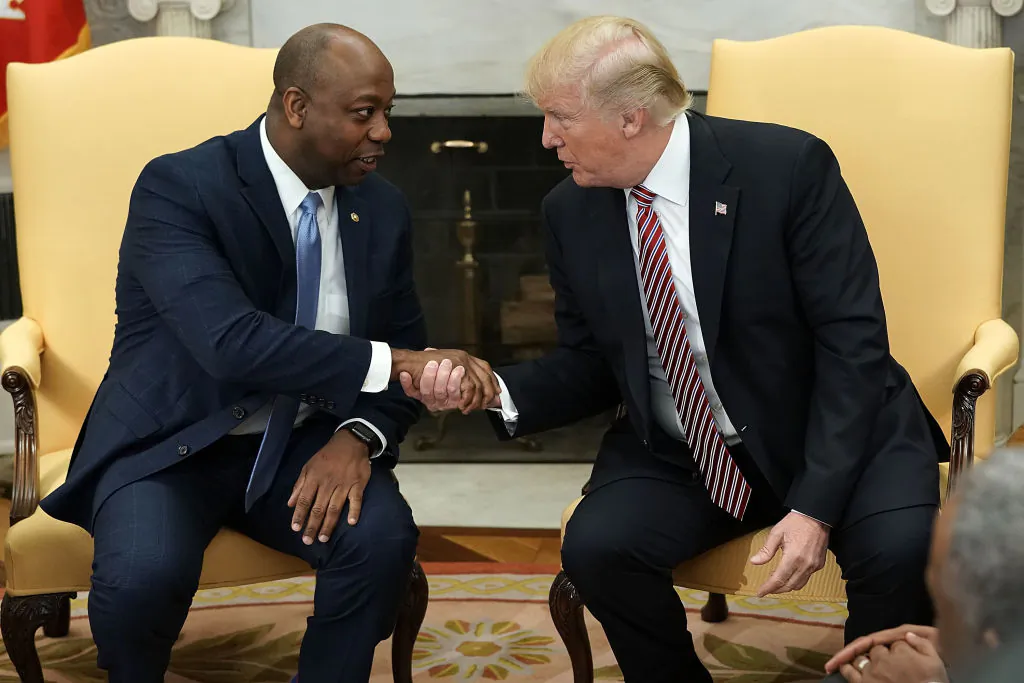 President Donald Trump shakes hands with Sen. Tim Scott (R-SC) during a working session regarding the Opportunity Zones at the White House in Washington on Feb. 14, 2018. (Alex Wong/Getty Images)