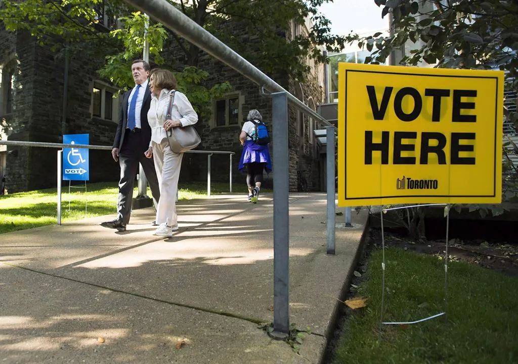 Toronto Mayor John Tory accompanies his mother Elizabeth Tory to vote at an advanced polling election station in Toronto on Oct. 10, 2018. Voters across Ontario are casting ballots on Oct. 22 to elect their next municipal governments. (The Canadian Press/Nathan Denette)