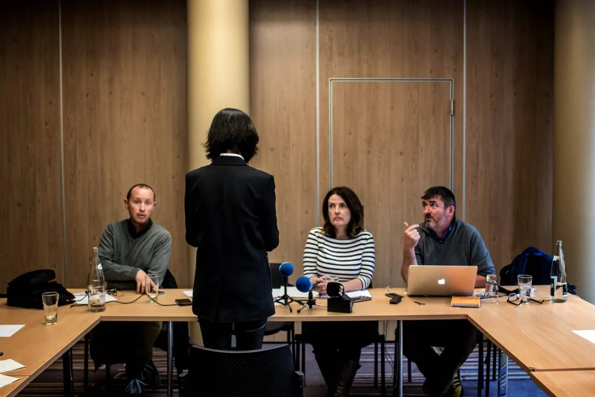 Grace, the wife of the missing Interpol president Meng Hongwei, talks to journalists in Lyon, France on Oct. 7, 2018. (Jeff Pachoud/AFP/Getty Images)