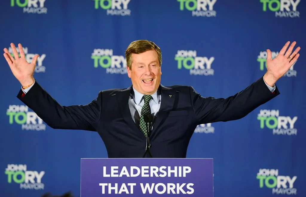 Toronto Mayor John Tory acknowledges supporters after he was re-elected in the Ontario municipal election in Toronto, on Oct. 22, 2018. (The Canadian Press/Frank Gunn)