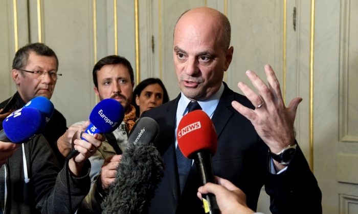 French Education Minister and Youth Affairs Jean-Michel Blanquer addresses media about a video of a teenager in a Paris suburb threatening his teacher with a fake gun at the Ministry of National Education in Paris, on Oct. 21, 2018. (Bertrand Guay/AFP/Getty Images)