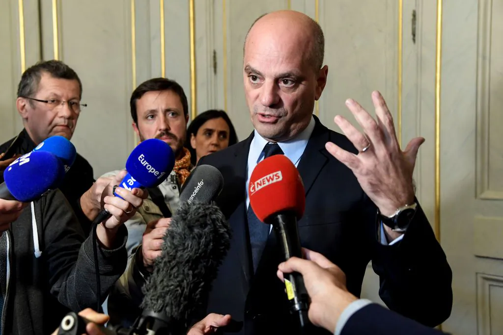 French Education Minister and Youth Affairs Jean-Michel Blanquer addresses media about a video of a teenager in a Paris suburb threatening his teacher with a fake gun at the Ministry of National Education in Paris, on Oct. 21, 2018. (Bertrand Guay/AFP/Getty Images)