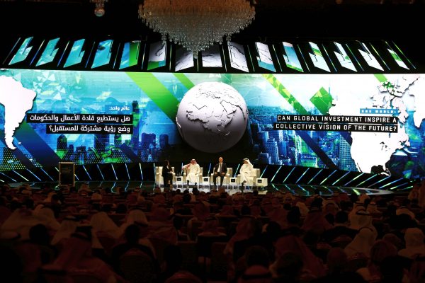Lubna Olayan, Chief Executive Officer and Deputy Chairperson of Olayan Financing Company and Yasir al-Rumayyan, Chief Executive and Managing Director of Saudi Arabia's Public Investment Fund speak on stage