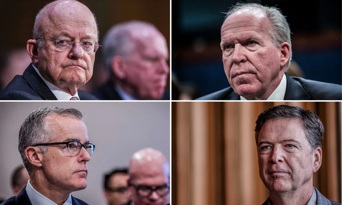 (L–R) Former Director of National Intelligence James Clapper, former CIA Director John Brennan, former Deputy FBI Director Andrew McCabe, and former FBI Director James Comey. (Getty Images)