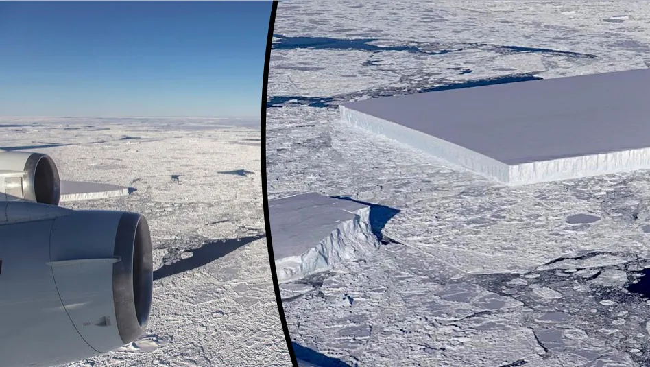 A NASA mission to study icebergs captured photographs of a rectangular iceberg with highly regular features, Oct. 18, 2018. (Jeremy Harbeck/NASA)