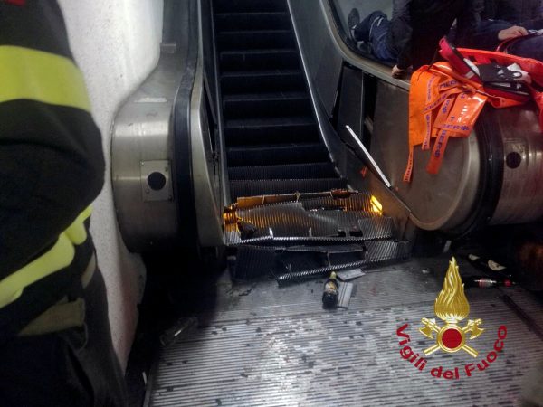 A part of the underground escalator damaged where some Russian soccer fans were injured