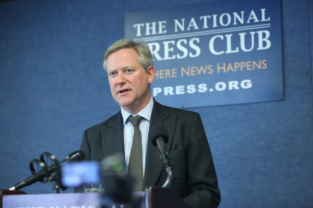 Stewart Paterson launches his newly published book, “China, Trade and Power: Why the West’s Economic Engagement Has Failed,” at the National Press Club in Washington on Oct. 23, 2018 (Jennifer Zeng/The Epoch Times)