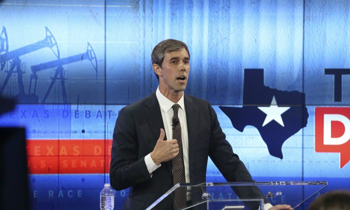 U.S. Rep. Beto O'Rourke (D-Texas) debates U.S. Sen. Ted Cruz (R-Texas) at the KENS 5 studios on Oct. 16, 2018, in San Antonio, Texas. A recent poll show Cruz is in the lead among likely voters. (Tom Reel-Pool/Getty Images)