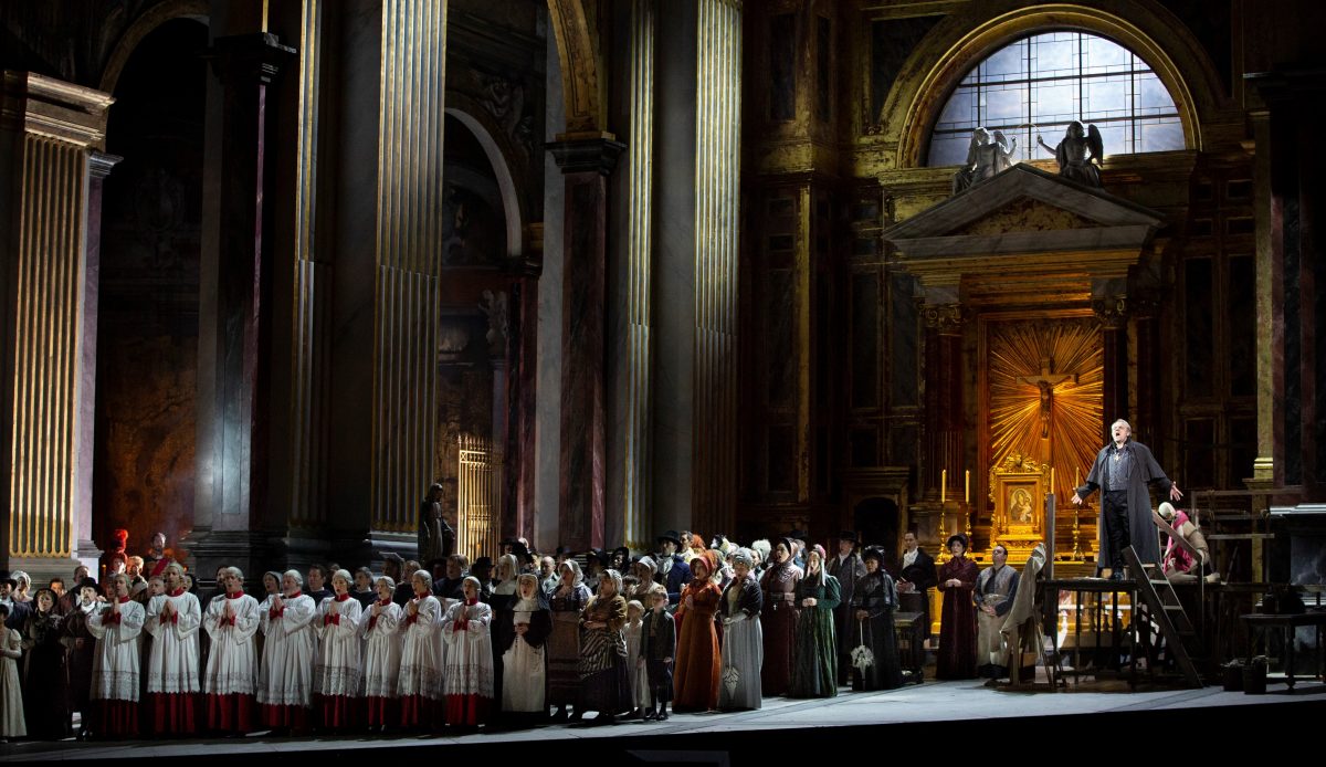 A scene from Act I of Puccini's "Tosca" set in the Church of Sant’Andrea della Valle. (Marty Sohl / Met Opera)