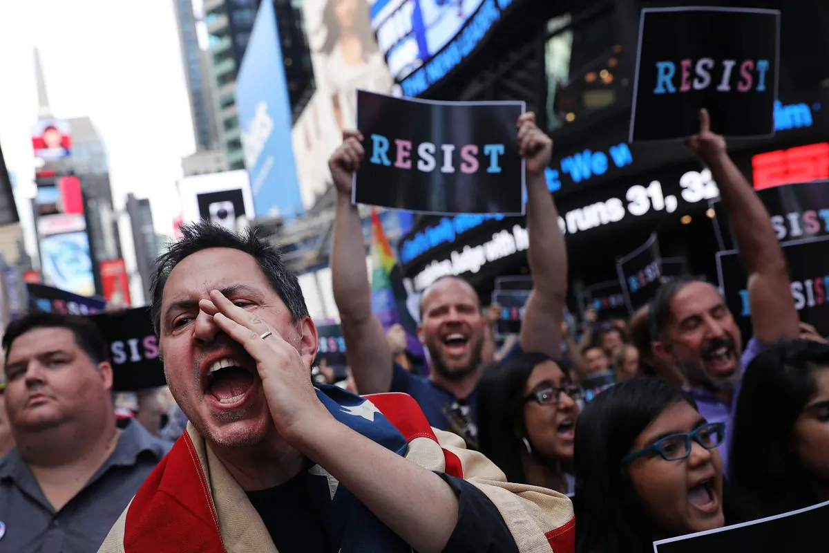 Anti-Trump protesters gather in Times Square, New York, on July 26, 2017. (Spencer Platt/Getty Images)