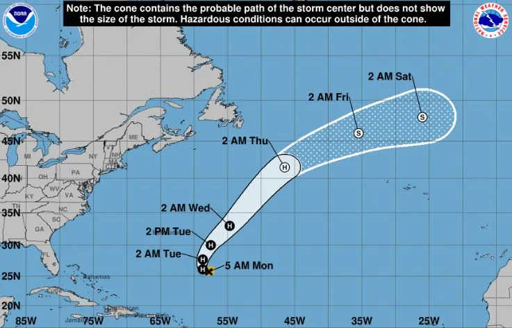 The forecast for the path of Hurricane Oscar from the National Hurricane Center on Oct. 29, 2018. (National Hurricane Center)
