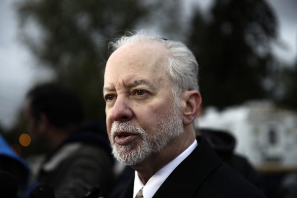 Rabbi Myers stands outside the Tree of Life synagogue