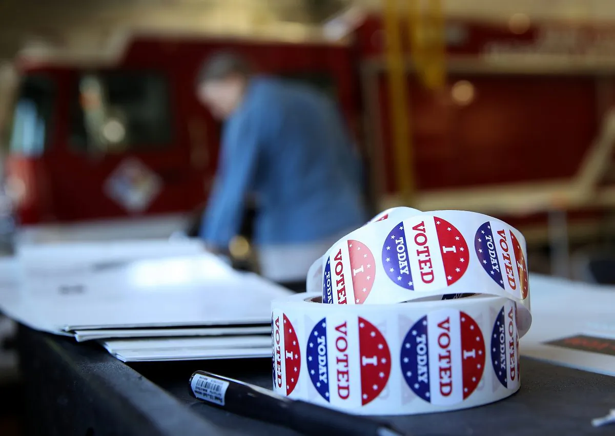 A roll of "I Voted" stickers sit on a table inside a polling station at a Ross Valley fire station in San Anselmo, Calif. on June 5, 2018. (Justin Sullivan/Getty Images)