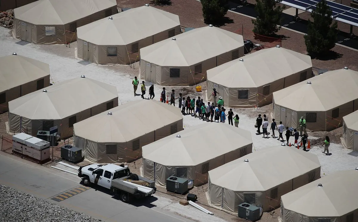 Children and workers on June 19, 2018, at a tent encampment near the Tornillo Port of Entry in Texas. (Joe Raedle/Getty Images)
