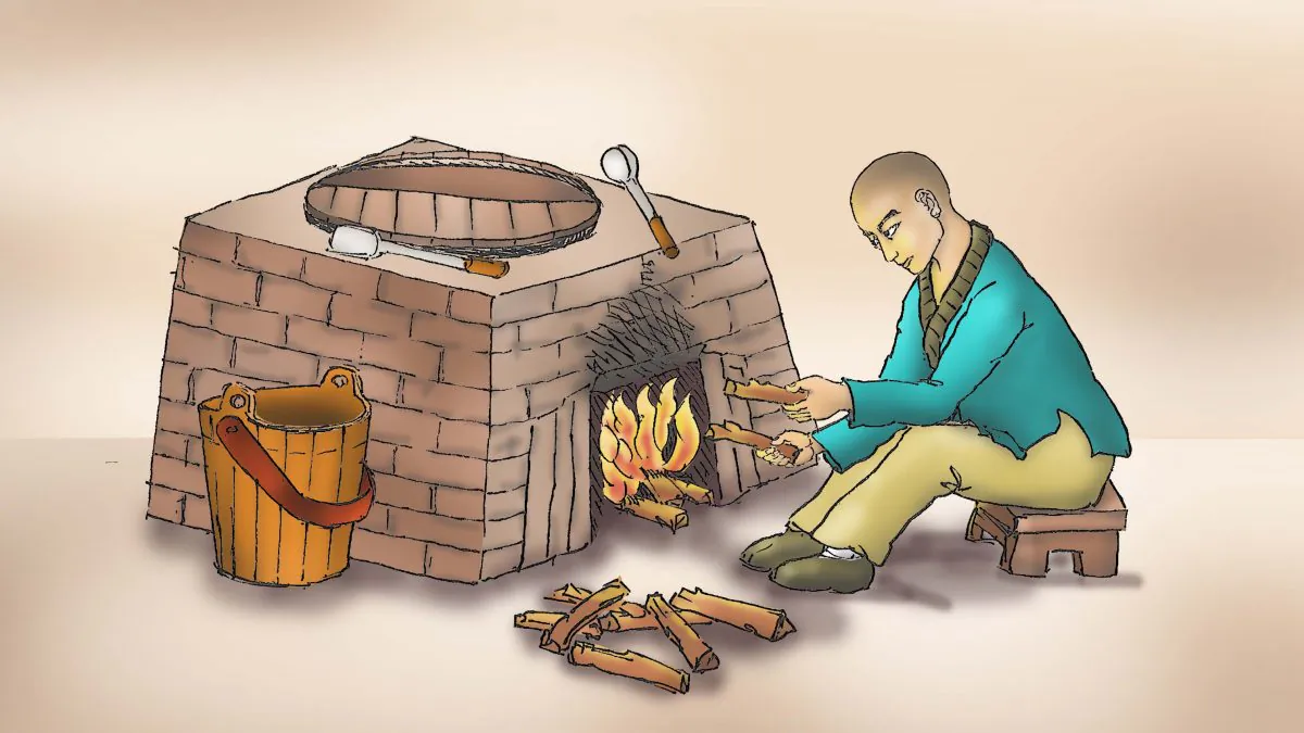 The young monk had to do chores like fetching water, making fire, cooking, and cleaning every day. (Illustration by Sun Mingguo/The Epoch Times)