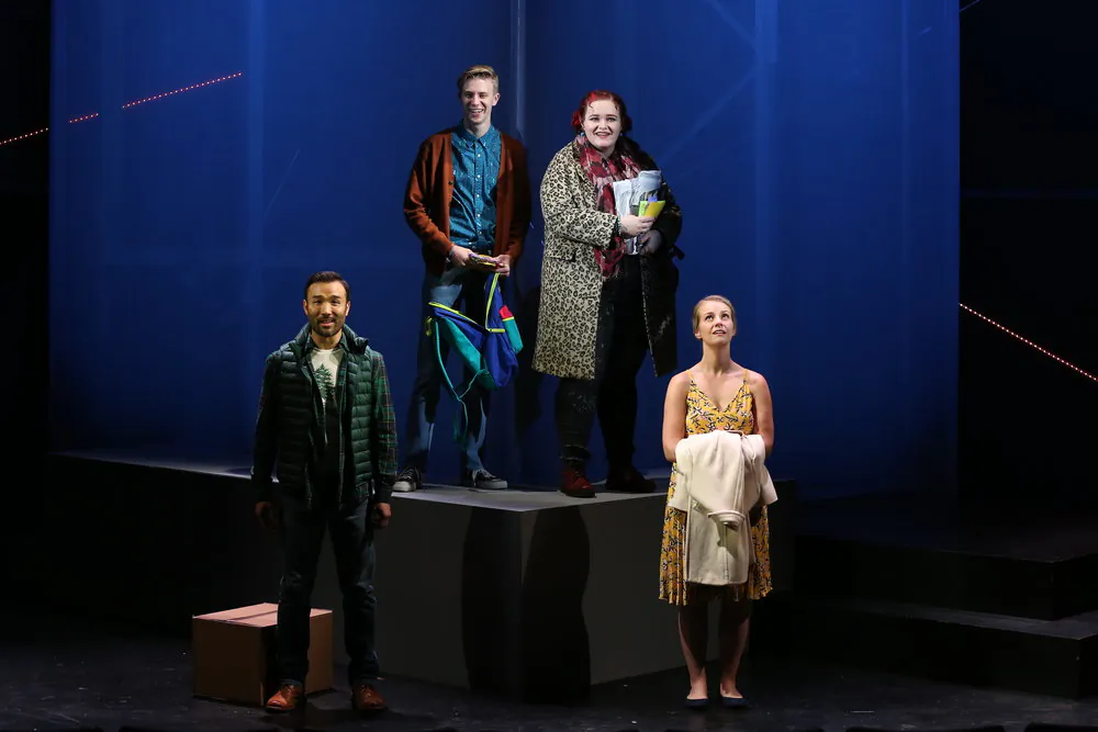 (L–R) Marc delaCruz, Kyle Sherman, Sarah Lynn Marion, and Whitney Bashor star in “Ordinary Days.” (Carol Rosegg)