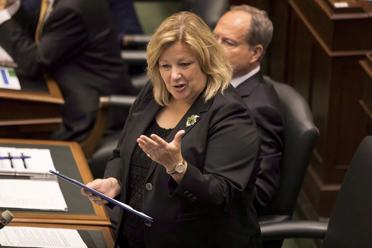 Ontario Education Minister Lisa Thompson rises during question period at the Ontario Legislature in Toronto Sept. 12, 2018. (The Canadian Press/Chris Young)
