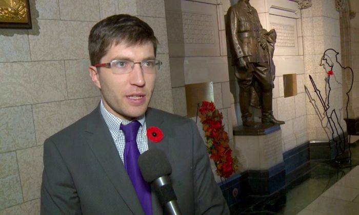 Canadian MP Garnett Genuis speaks about the organ trafficking bill on Parliament Hill, Ottawa, on Oct. 30, 2018. (Gerry Smith/NTD Television)