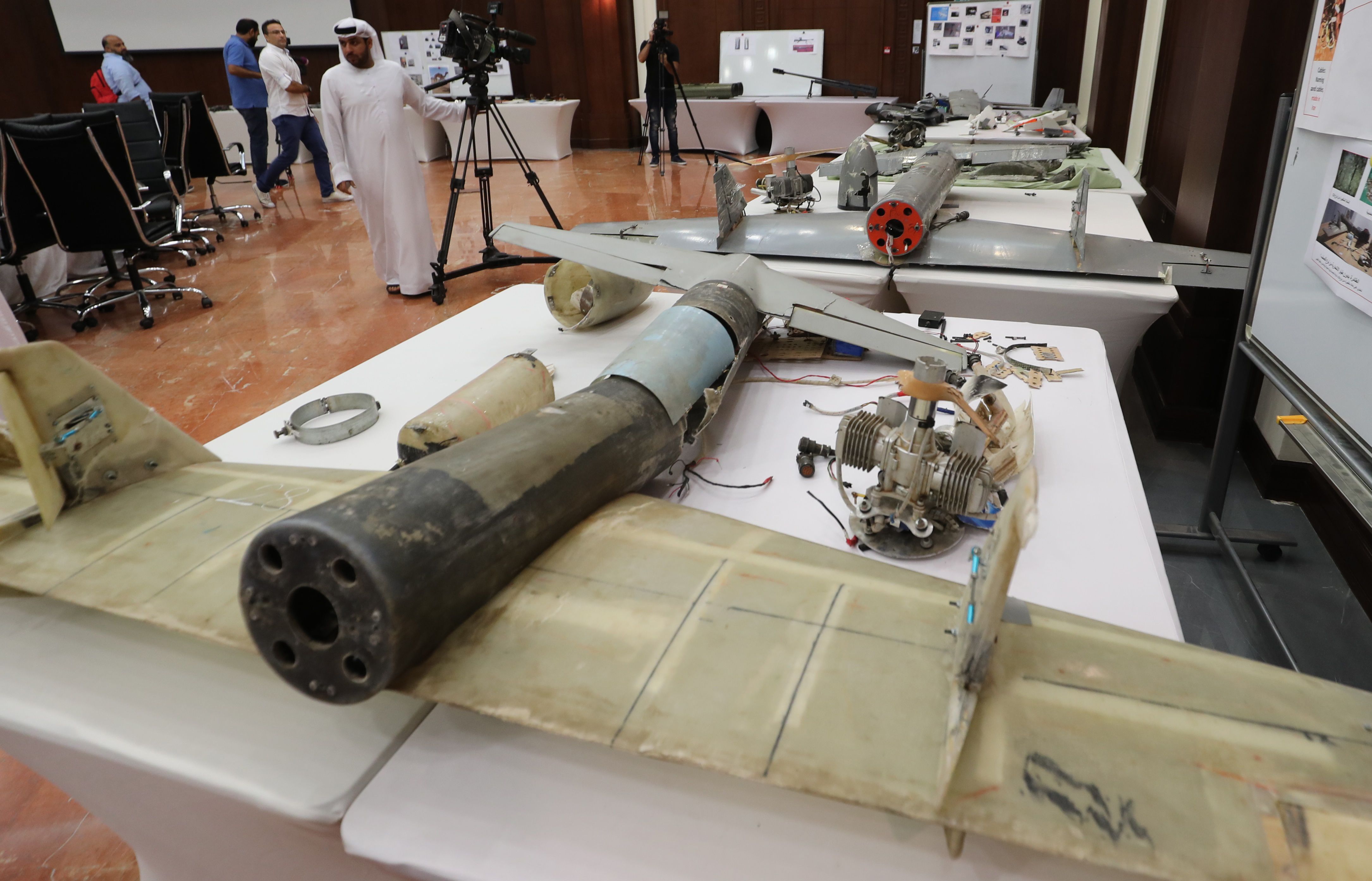 Debris of Iranian-made Ababil drones in Abu Dhabi on June 19, 2018, which the Emirati armed forces say were used by Houthi rebels in Yemen