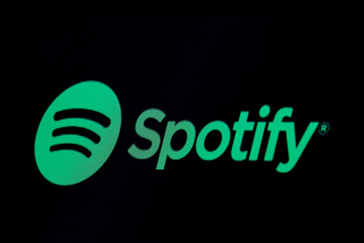 The Spotify logo is displayed on a screen on the floor of the New York Stock Exchange, on May 3, 2018. (Brendan McDermid/Reuters)