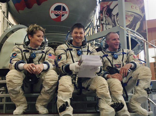 (L-R) Astronauts Anne McClain, Oleg Kononenko, and David Saint-Jacques at the Gagarin Cosmonaut Training Center