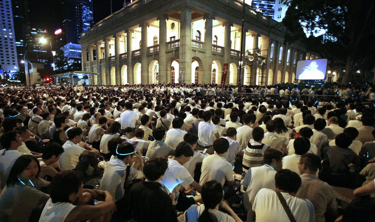 Thousands gather to protest the controversial Article 23 law outside Hong Kong's Legislative Council building in Hong Kong on July 9, 2003. (PETER PARKS/AFP/Getty Images)