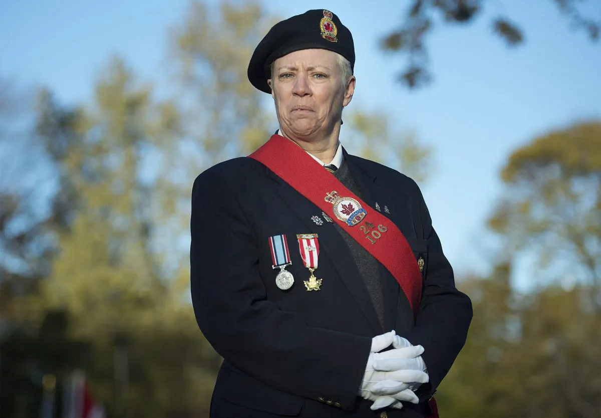 Della Robertson, whose grandfather fought in the battle of Vimy Ridge in Montreal on Sunday, November 4, 2018. (Graham Hughes/The Canadian Press)