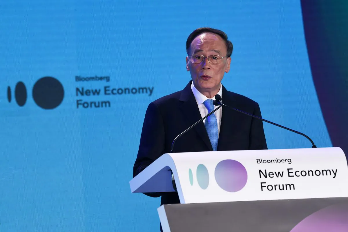 Chinese Vice-chair Wang Qishan speaks during the Bloomberg New Economy Forum in Singapore on November 6, 2018.   (ROSLAN RAHMAN/AFP/Getty Images)