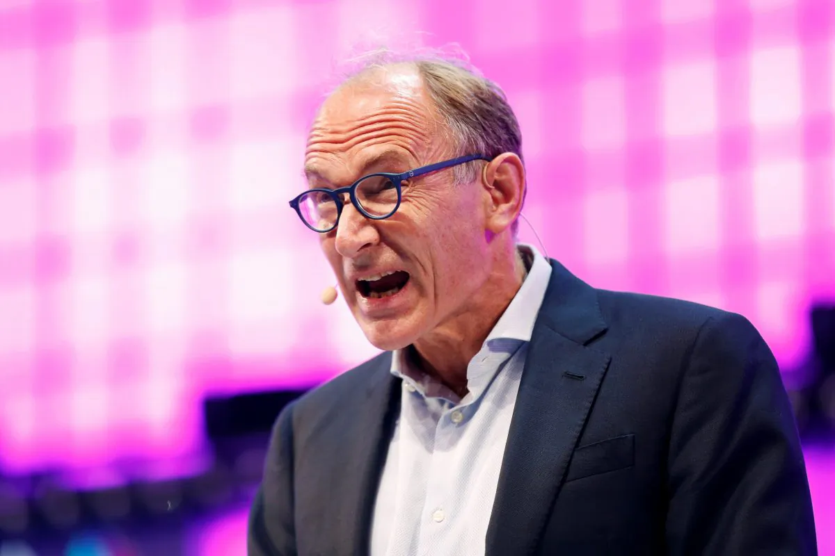 World Wide Web inventor Sir Tim Berners-Lee speaks during the inauguration of Web Summit, Europe's biggest tech conference, in Lisbon, Portugal, on Nov. 5, 2018. (Reuters/Pedro Nunes)