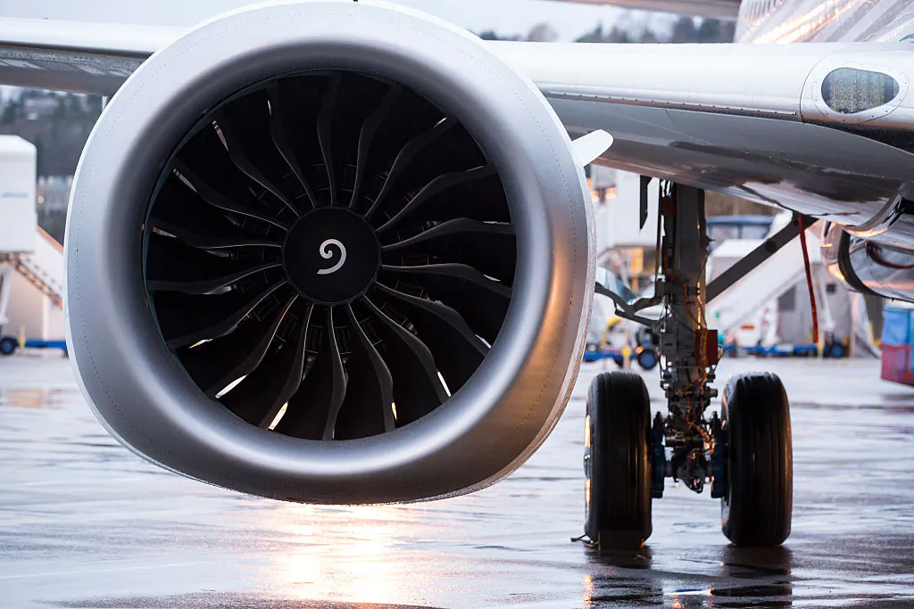 A LEAP engine is pictured on the first Boeing 737 MAX  airliner is pictured at the company's manufacturing plant in Renton, Washington on Dec. 8, 2015. The plane is the newest, most fuel efficient version of Boeing's best-selling plane. (Stephen Brashear/Getty Images)