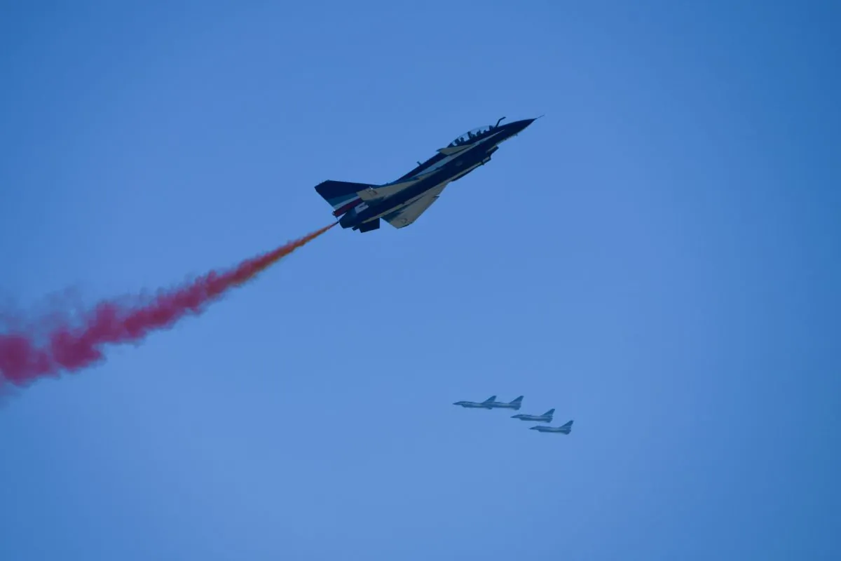Chinese J-10 fighter jets from the Bayi Aerobatic Team of the People's Liberation Army Air Force perform at Airshow China 2018 in Zhuhai in southern China's Guangdong province on Nov, 7, 2018.  (Wang Zhao/AFP/Getty Images)