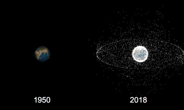 Space debris comparison between 1950 and 2018 in an image taken from a simulation program.