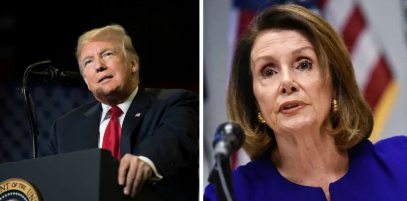 President Donald Trump speaks at a Make America Great Again rally in Cape Girardeau, Missouri on Nov. 5, 2018. Right: Nancy Pelosi (Jim Watson/AFP;  Mandel Ngan/AFP/Getty Images)