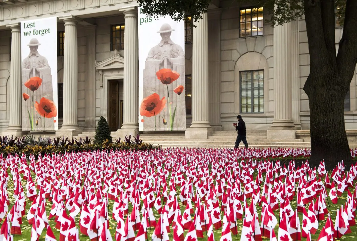 Thousands of Canadian flags honouring fallen soldiers are planted on the front lawn of the Manulife head office in downtown Toronto on Wednesday, Nov. 7, 2018. (Nathan Denette/The Canadian Press)
