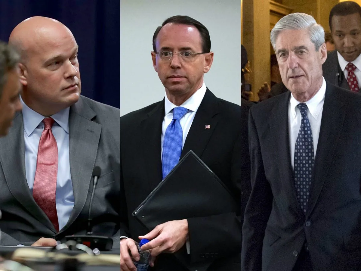 (L-R) Acting Attorney General Matt Whitaker; Deputy Attorney General Rod Rosenstein; Special Counsel Robert Mueller. (Getty Images)