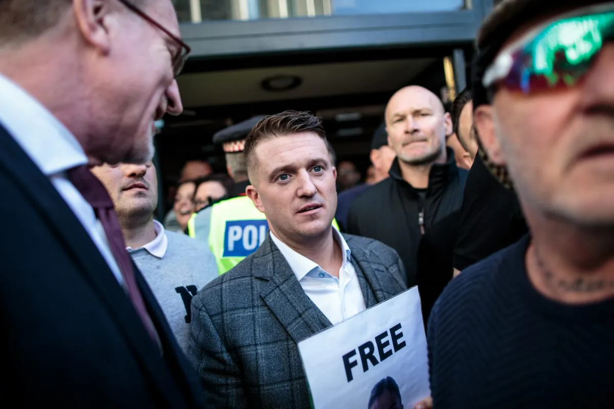 Tommy Robinson greets supporters outside the Old Bailey court in London, on Sept. 27, 2018. (Jack Taylor/Getty Images)