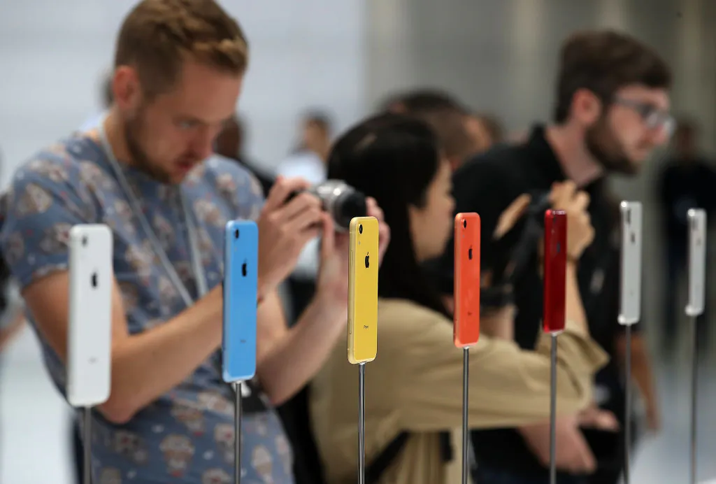 The new Apple iPhone XR is displayed during an Apple special event at the Steve Jobs Theatre in Cupertino, California, on Sept.12, 2018. (Justin Sullivan/Getty Images)