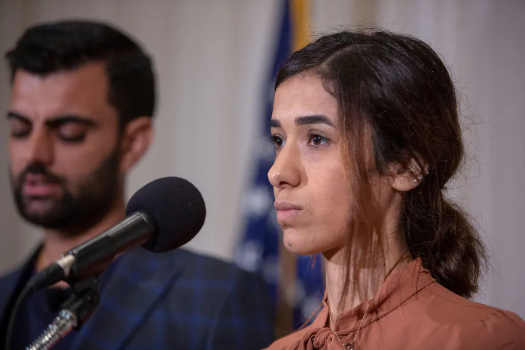 Nadia Murad, a 24-year-old Yazidi woman and co-recipient of the 2018 Nobel Peace Prize, speaks at the National Press Club in Washington on Oct. 8, 2018. (Tasos Katopodis/Getty Images)