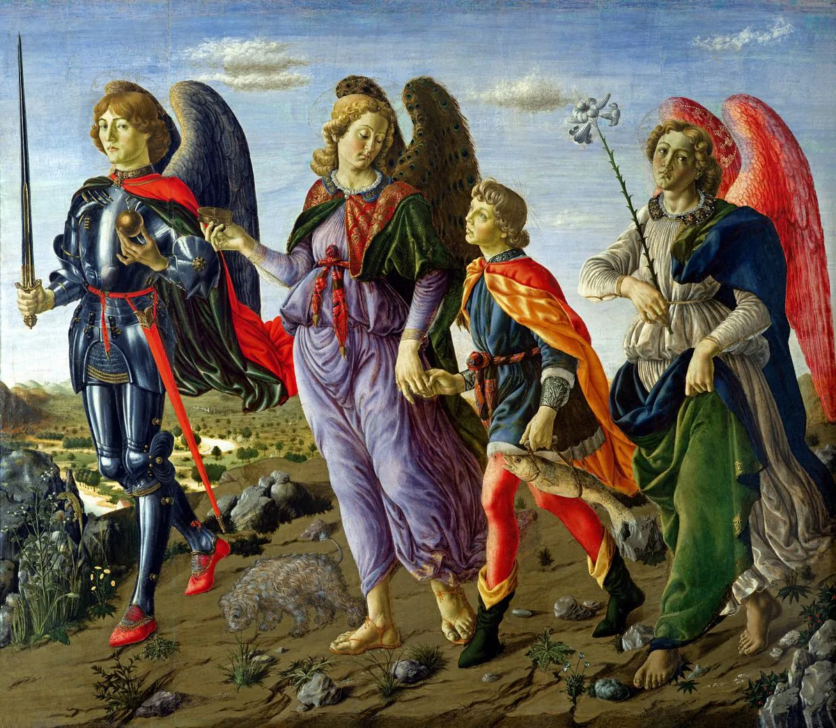 Michael, on the left, with the archangels Raphael and Gabriel. “The Three Archangels and Tobias,” 1470, by Francesco Botticini. (Public Domain)