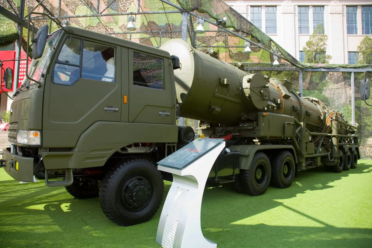 A transporter erector vehicle used to launch the Intermediate-Range Ballistic Missile DF-21A on display at the "Our troops towards the sky" exhibition at the Beijing Military Museum in August 2007. A version of the DF-21 missile is designed to take out U.S. carriers operating in the western Pacific. (Max Smith via Wikimedia Commons)