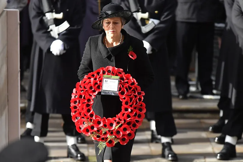 Britain's Prime Minister Theresa May lays a wreath at the Cenotaph during the Remembrance Sunday ceremony at the Cenotaph on Whitehall in central London, on Nov. 11, 2018  (BEN STANSALL/AFP/Getty Images)