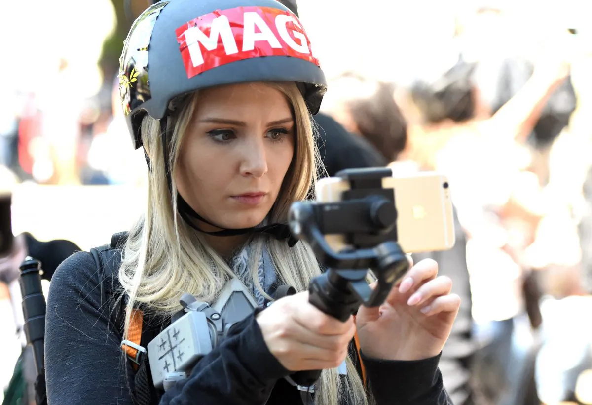 Canadian conservative and libertarian activist Lauren Southern livestreams a video during a rally in Berkeley, Calif., on April 27, 2017. (Josh Edelson/AFP/Getty Images)