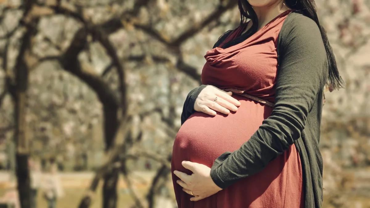 Stock photo of a pregnant woman with hands on her stomach. (Arteida Mjeshtri/Unsplash)